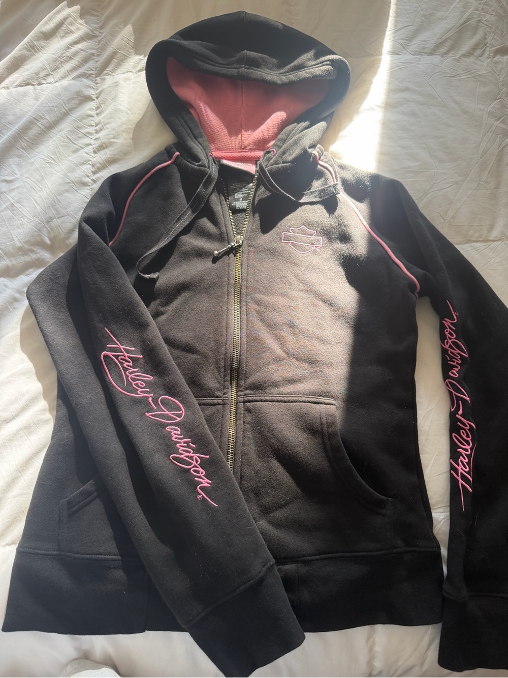 Harley-Davidson Black Hoodie with Embroidered Pink Script Accents